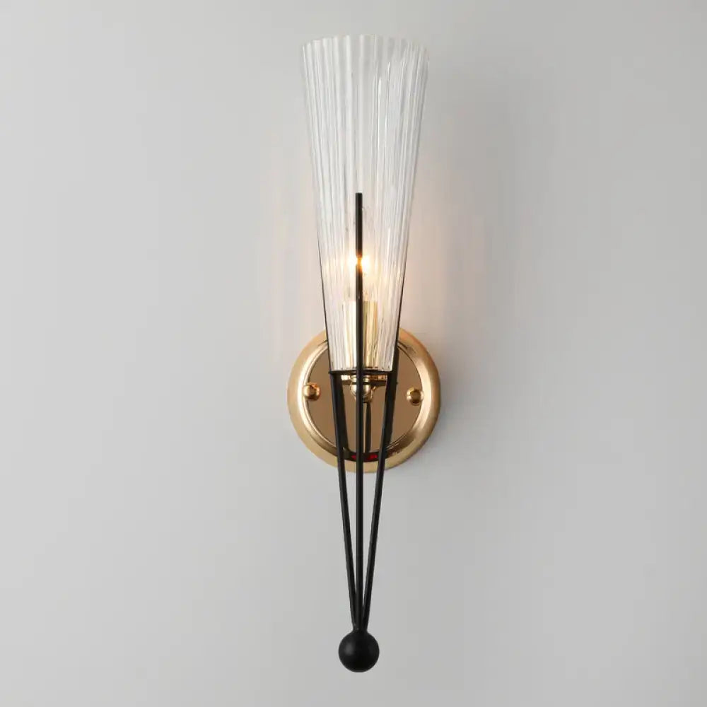 Modern brass sconce light with clear crystal pleated glass shade black metal rods and gold-toned base for e12 e14 bulbs