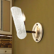 Modern brass sconce with clear water glass textured lampshade mounted on an oval fixture for living room two lights