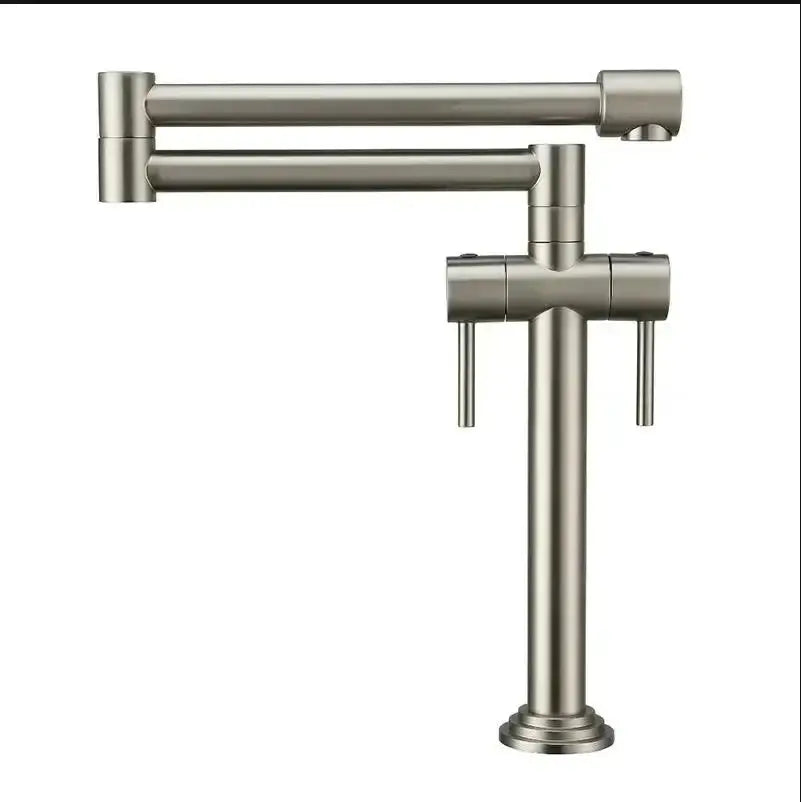 Stainless steel gooseneck kitchen faucet with dual handles shown alongside modern brass single handle kitchen faucet