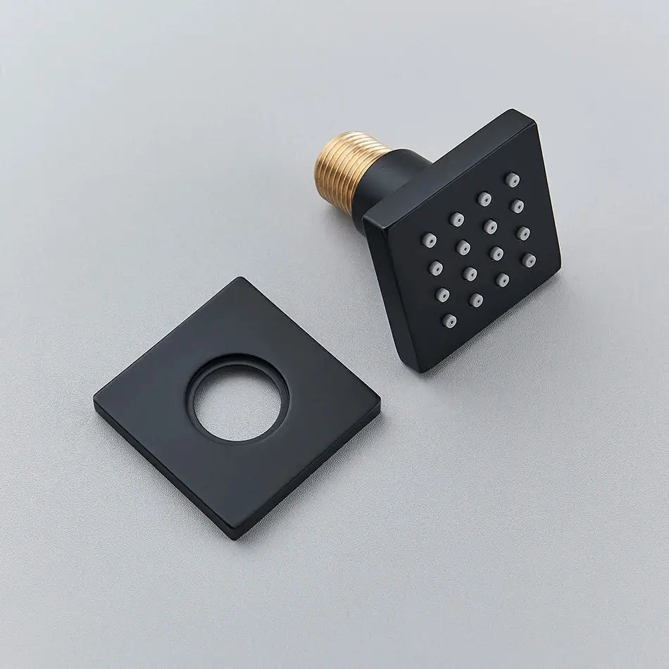 Modern brass square body spray shower jets with black square showerhead brass threaded connection and silver nozzles