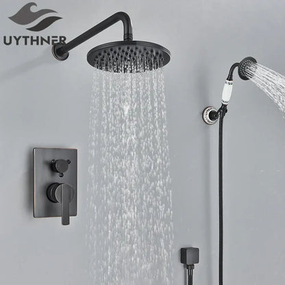 Modern brass square rainfall shower faucet set featuring a black matte rain shower head and matching handheld shower faucet set