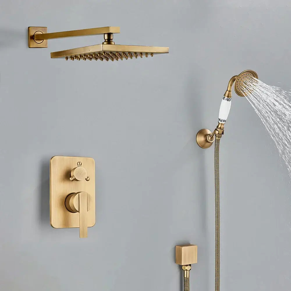 Modern brass square rainfall shower faucet set features a gold-toned square showerhead with multiple spray nozzles