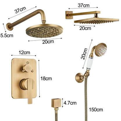 Modern brass square rainfall shower faucet set with fixed rainhead handheld spray nozzle and wall-mounted control valve