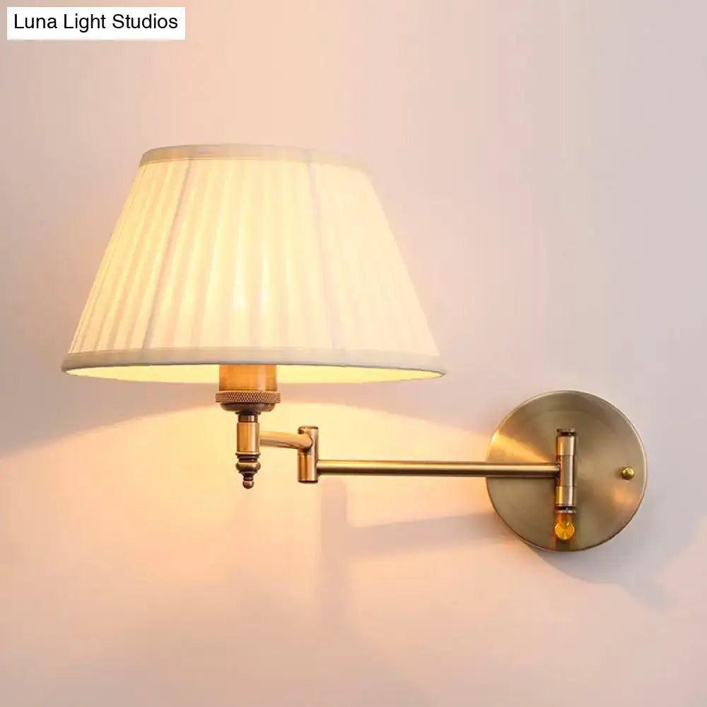 Antique brass swing arm paper wall mount lamp with off-white pleated lampshade for living room sconce lighting