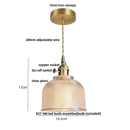 Vintage-style modern brass textured glass led pendant light with adjustable copper wire for kitchen use pendant light