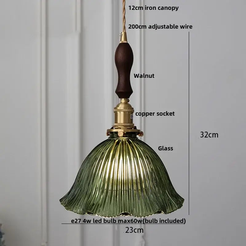 Modern brass textured glass led pendant light with olive green ribbed glass shade and dark walnut iron canopy