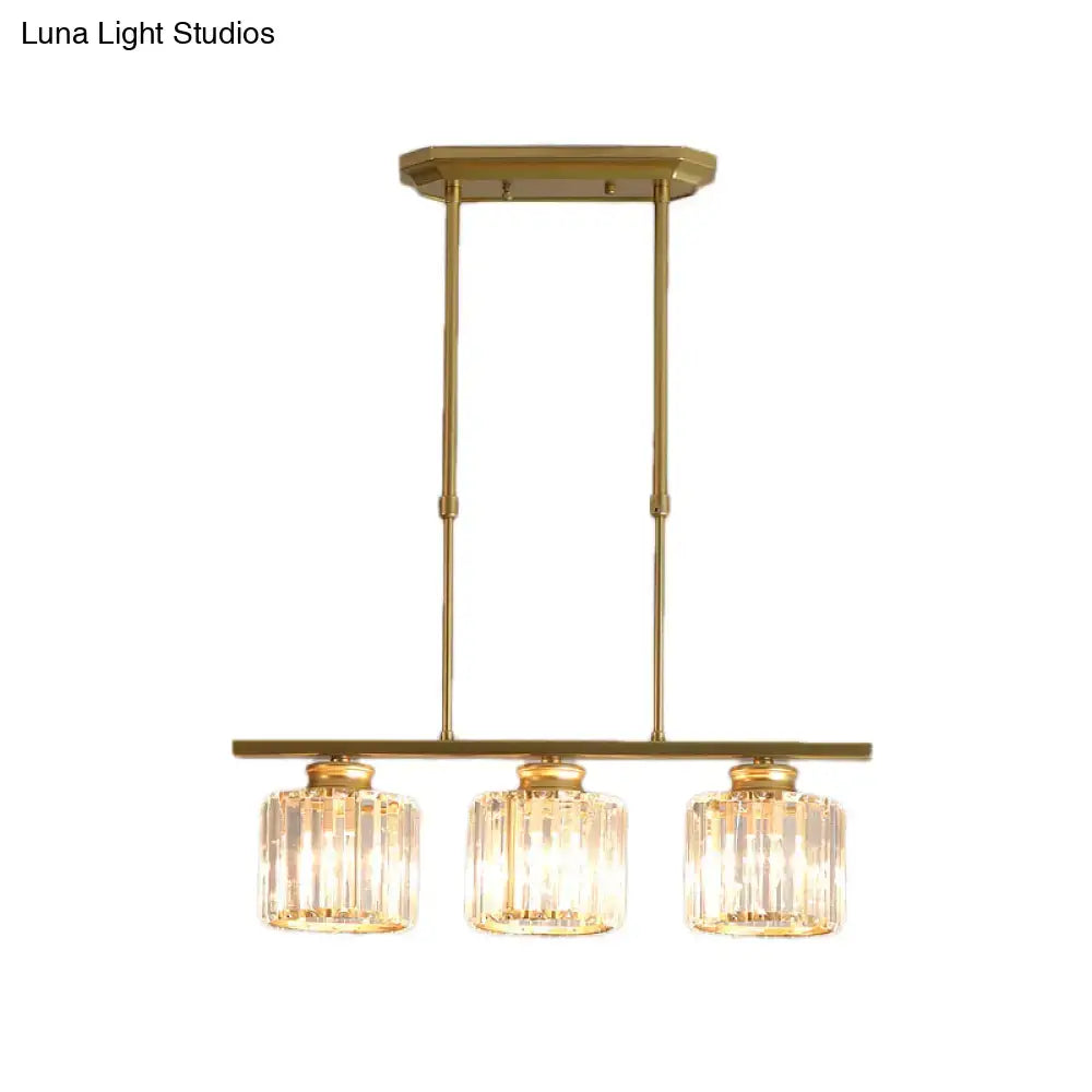 Modern brass triple crystal ceiling pendant light with chain cord length for elegant dining room lighting