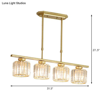 Gold-finished modern brass ceiling pendant with four cylindrical crystal glass shades and adjustable chain cord length for dining room