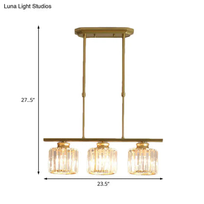 Gold-finished brass ceiling pendant with three crystal glass shades and adjustable chain cord length for dining room use