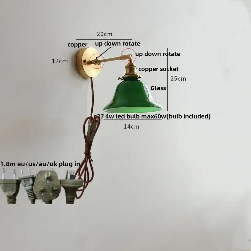 Modern brass wall lamp with clear glass shade and green glass bell-shaped sconce with copper finish hardware and power cord