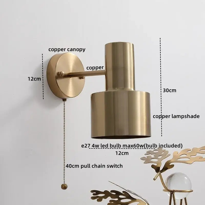 Modern brass wall lamp with copper finish cylindrical lampshade and pull chain switch for bedroom decor