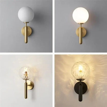 Modern brass wall lights with spherical decorbites glass ball featuring brass metal base and white or clear glass globe