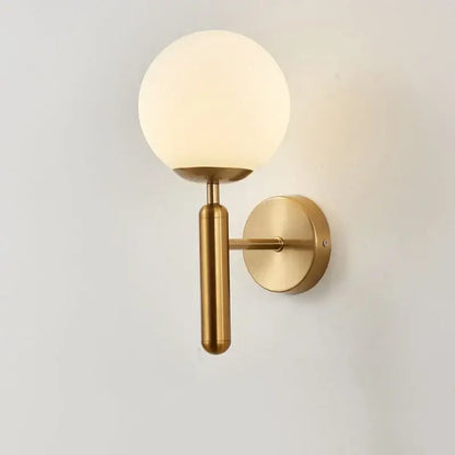 Modern brass wall lights featuring a gold-toned stem and decorbites glass ball with frosted white globe for living room decor