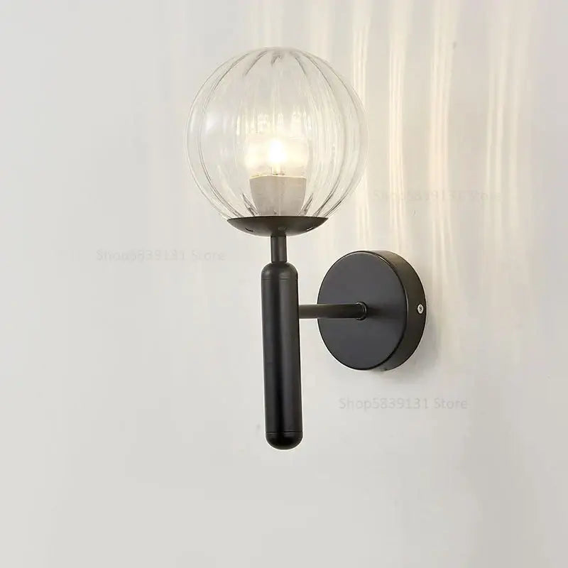 Modern black metal wall lights with ribbed glass globe shade featuring decorbites glass ball for stylish living room decor