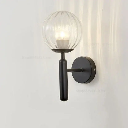 Modern black metal wall lights with ribbed glass globe shade featuring decorbites glass ball for stylish living room decor