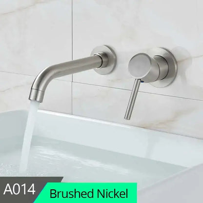 Modern brass wall mount basin faucet with brushed nickel finish and single lever handle for bathroom use