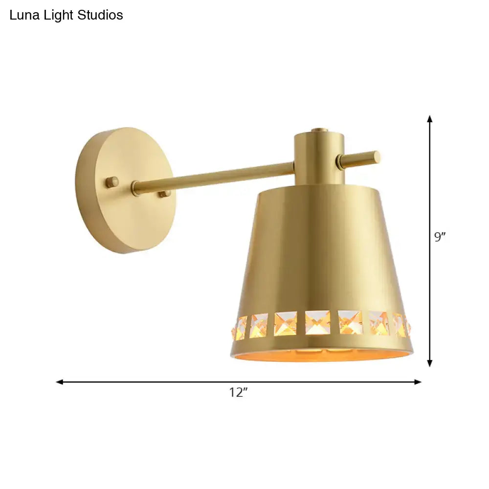 Modern brass wall mount light with gold finish and clear crystal accent conical shade direct wired electric for living room