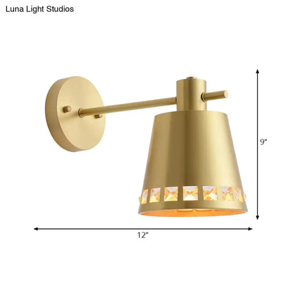 Modern brass wall mount light with gold finish and clear crystal accent conical shade direct wired electric for living room