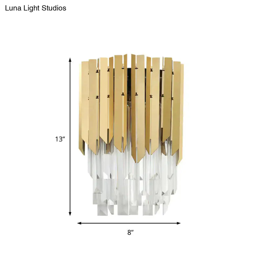 Modern brass wall mount light with gold-toned slats and clear crystal prism for 220v-240v or 110v-120v use
