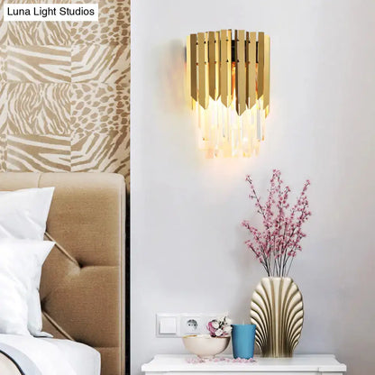 Modern brass wall mount light with gold-toned vertical slats and clear crystal prism for bedroom 220v-240v 110v-120v