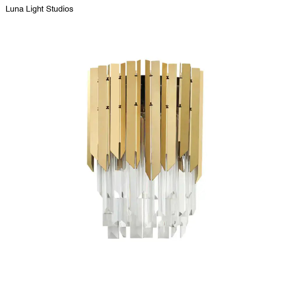 Modern brass wall mount light with gold-toned slats and clear crystal prism for 220v-240v or 110v-120v use