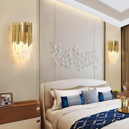 Modern brass wall mount light with gold-toned finish and clear crystal prism accents for 220v-240v bedroom sconce
