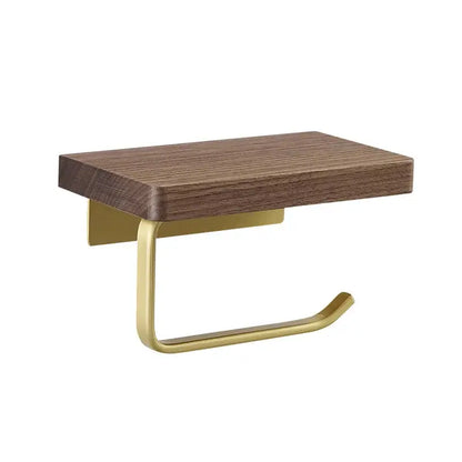 Modern toilet paper holder with dark wood-finish top and brushed brass metal base for bathroom use