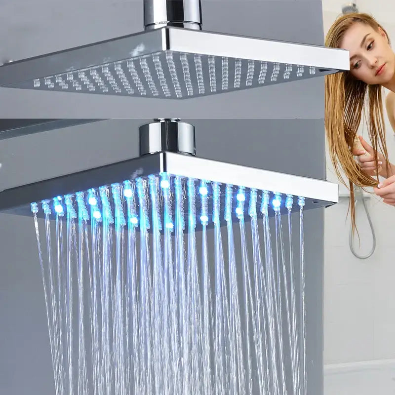 Modern bright chrome led rainfall shower head with blue led lights and multiple water jets by decorbites bright chrome