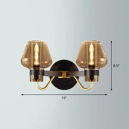 Modern wall lamp with amber glass shades smoke gray bronze and brass frame for led incandescent or fluorescent use