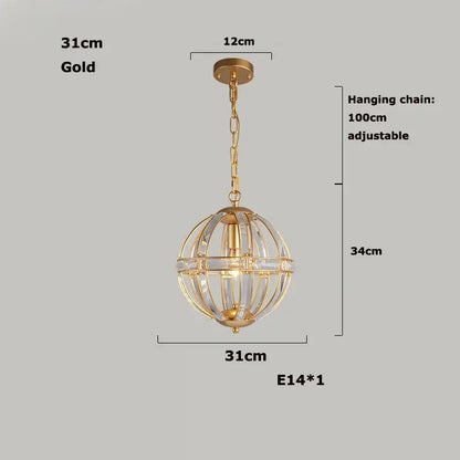 Modern bronze black chrome gold globe led chandelier with gold-finished spherical pendant light and crystal cage design