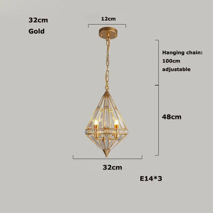 Gold-finished geometric chandelier with diamond frame, clear glass, and three e14 bulbs in decorbites bronze black style