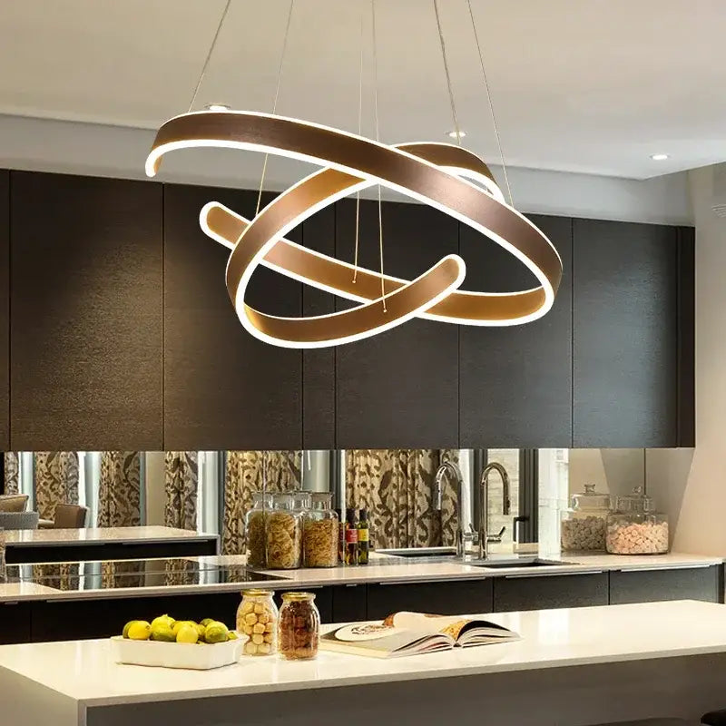 Modern bronze circle rings acrylic pendant light with intertwined rings and white illumination for dining room decorbites