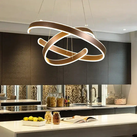 Modern bronze circle rings acrylic pendant light with intertwined rings and white illumination for dining room decorbites