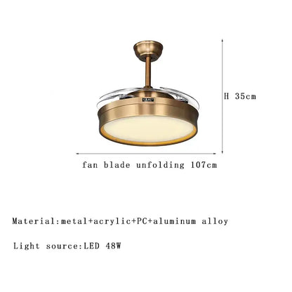 Modern bronze circular ceiling fan light with brass finish, integrated led fan light, and transparent acrylic blades for living rooms