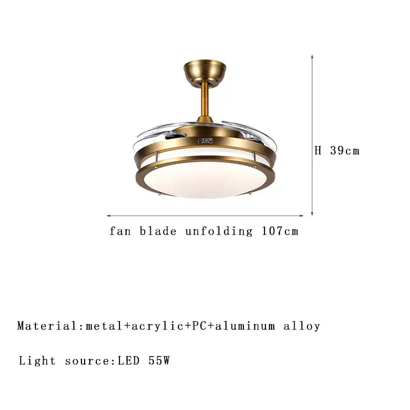 Modern bronze circular ceiling fan light with brass finish, integrated led fan light, and transparent acrylic blades