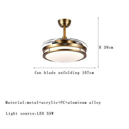 Modern bronze circular ceiling fan light with brass finish, integrated led fan light, and transparent acrylic blades