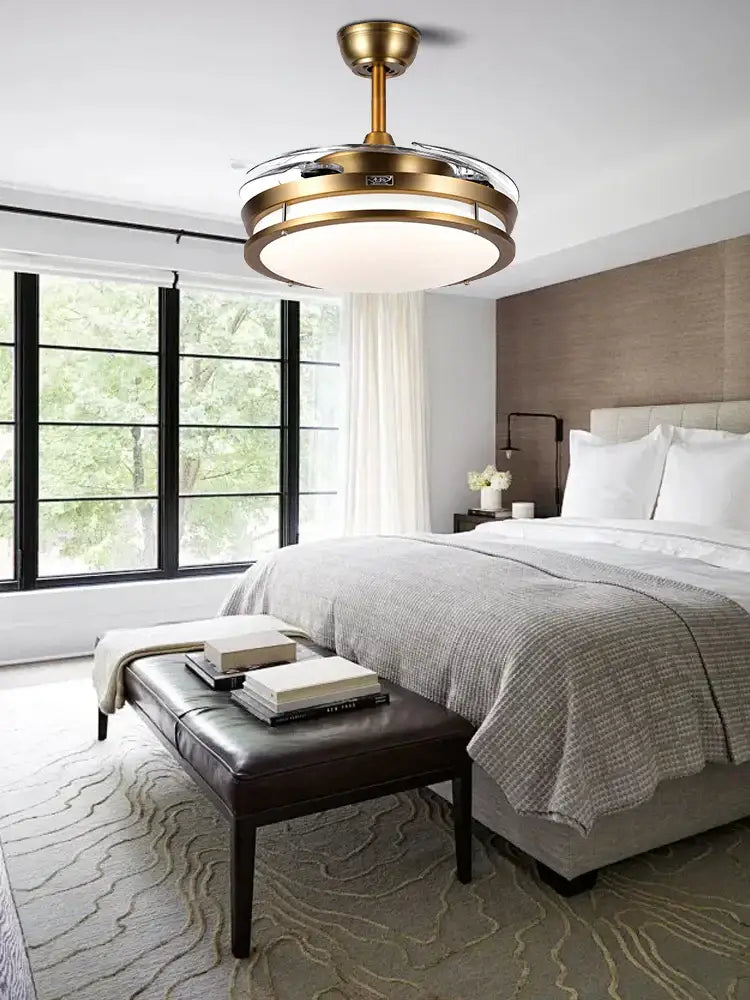 Modern bronze circular ceiling fan light with brass finish and reversible blades for living room ceiling fan use