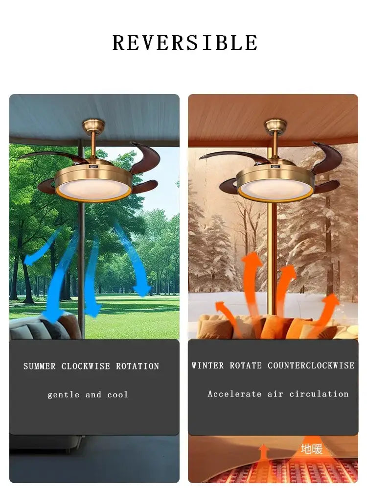 Brass-finished modern ceiling fan with reversible dark wood blades and integrated fan light for living room use