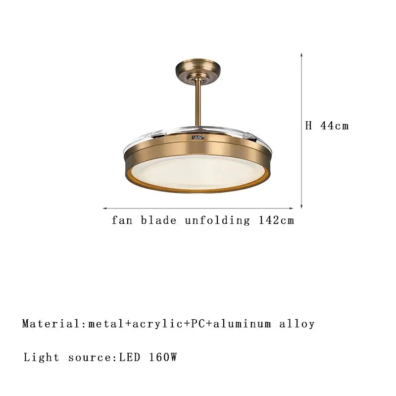 Modern bronze ceiling fan light with brass finish, reversible blades, and circular acrylic aluminum alloy design for living room