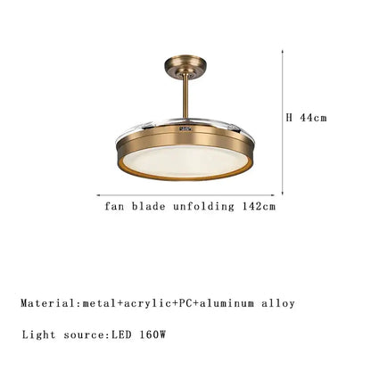 Modern bronze ceiling fan light with brass finish, reversible blades, and circular acrylic aluminum alloy design for living room