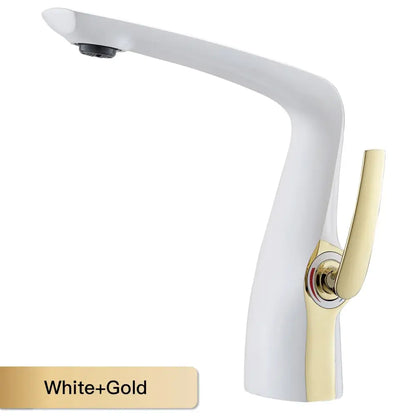 Modern bronze contemporary single-hole bathroom faucet with a white and gold solid brass body and ceramic valve core