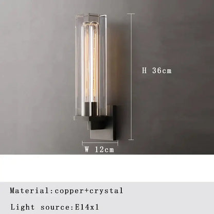 Modern wall lamp with decorbites bronze copper base and crystal enclosure housing three edison-style bulbs for bedroom lighting