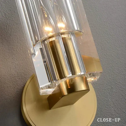 Modern bronze copper crystal wall lamp with faceted clear glass tubes and brushed brass base for bedroom decorbites wall lamps