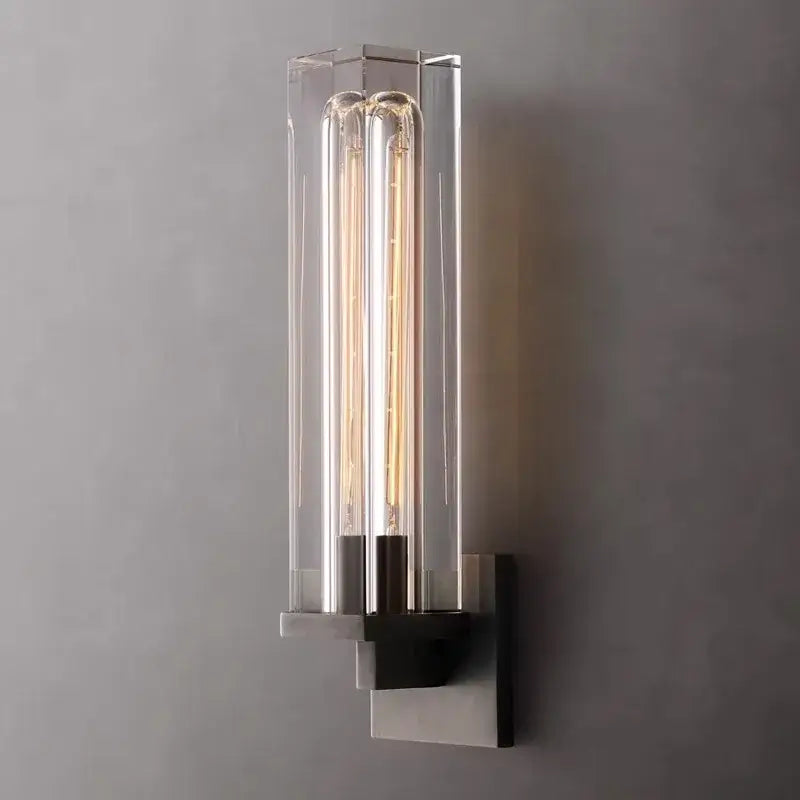 Modern bronze copper crystal wall lamps with clear glass housing and two filament bulbs on brushed metal base for bedroom decorbites wall lamps