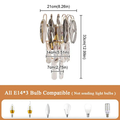 Modern bronze decorbites crystal led wall light with gold-toned frame and cascading clear glass discs for living room