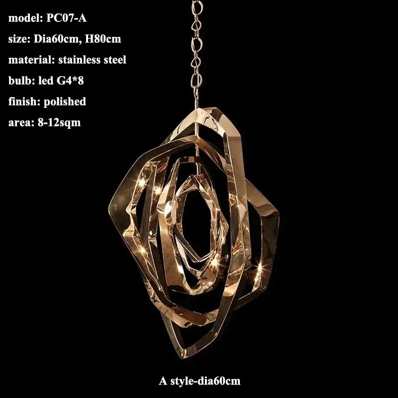 Modern bronze geometric art pendant chandelier with polished stainless steel interlocking rings and eight led bulbs for dining room decorbites art pendant light