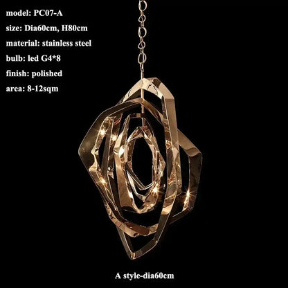 Modern bronze geometric art pendant chandelier with polished stainless steel interlocking rings and eight led bulbs for dining room decorbites art pendant light