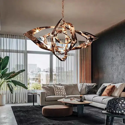 Modern bronze geometric art pendant chandelier with metallic finish and interlocking design for dining room pendant light