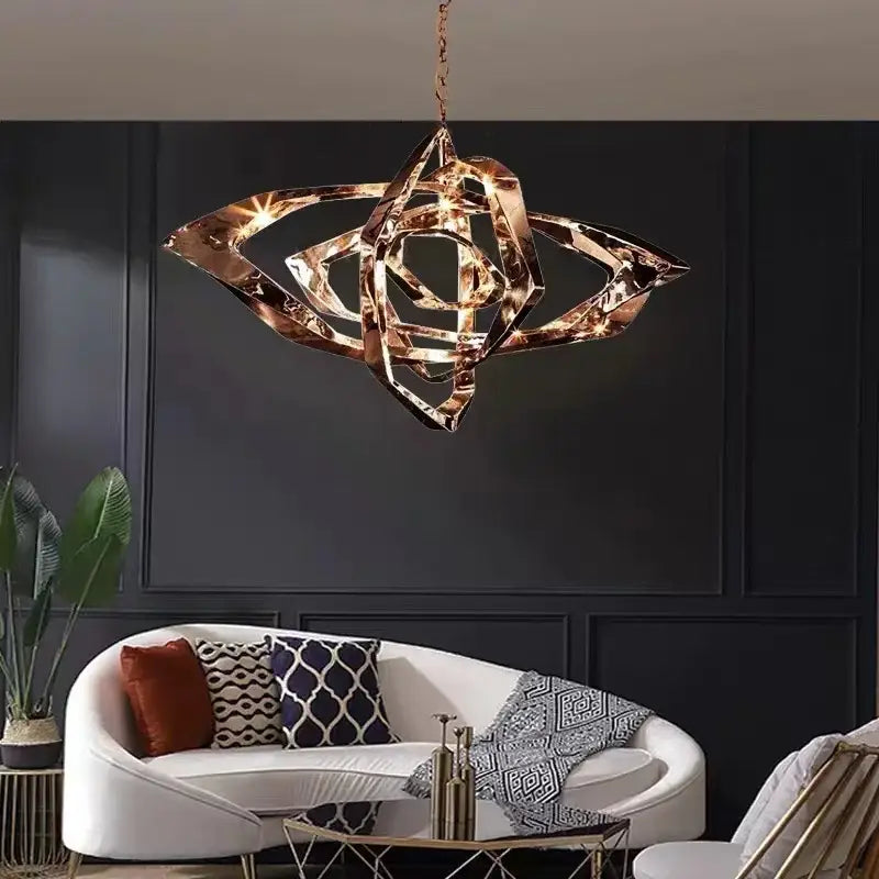 A modern bronze geometric art pendant chandelier with rose-gold finish for dining room pendant light decorbites art pendant