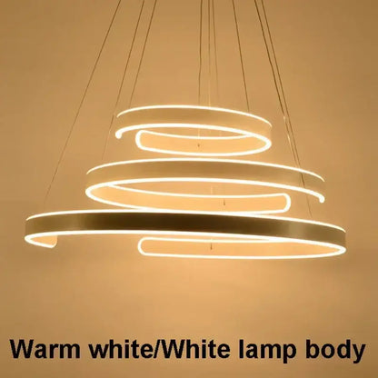 Modern bronze geometric spiral pendant light fixture with warm white led rings and sleek metallic body for dining room